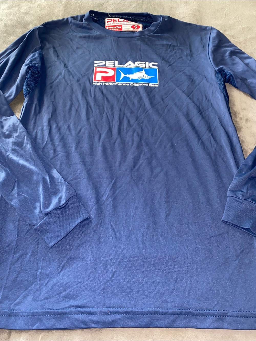 Pelagic UVA/UVB protection Navy Long-Sleeve Performance Tee with Red & Blue Logo